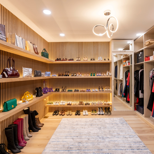 Contemporary Oak Floating Shoe Shelves and Custom Mirrored Doors
